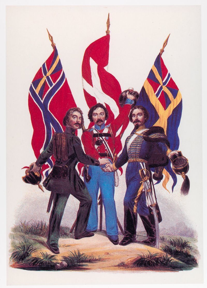 Skandinavismen var stor. På bildet er en norsk, en dansk og en svensk soldat som holder hender.