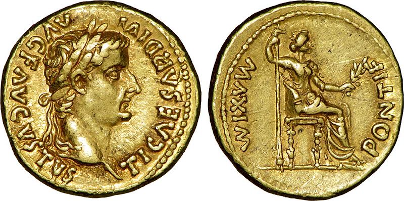 Aureus, en romersk gullmynt, her med Tiberius og moren Livia