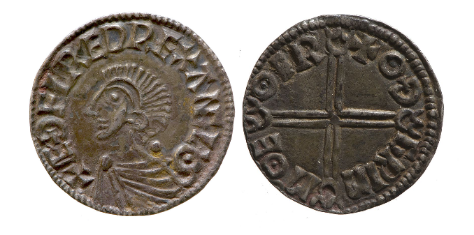 mynt av Ethelred den rådville. Sveriges eldste mynt ble kopiert av denne eller liknende mynter