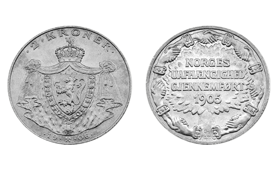 Norges Uafhænggighed Gjennemført sto det på reversen til mynten. Dette var før skrivereformene som sto i kø etter uavhengigheten.