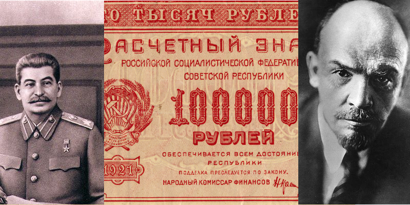Sovjetiske rubler ved en 100 000 rubler-seddel og Lenin og Stalin