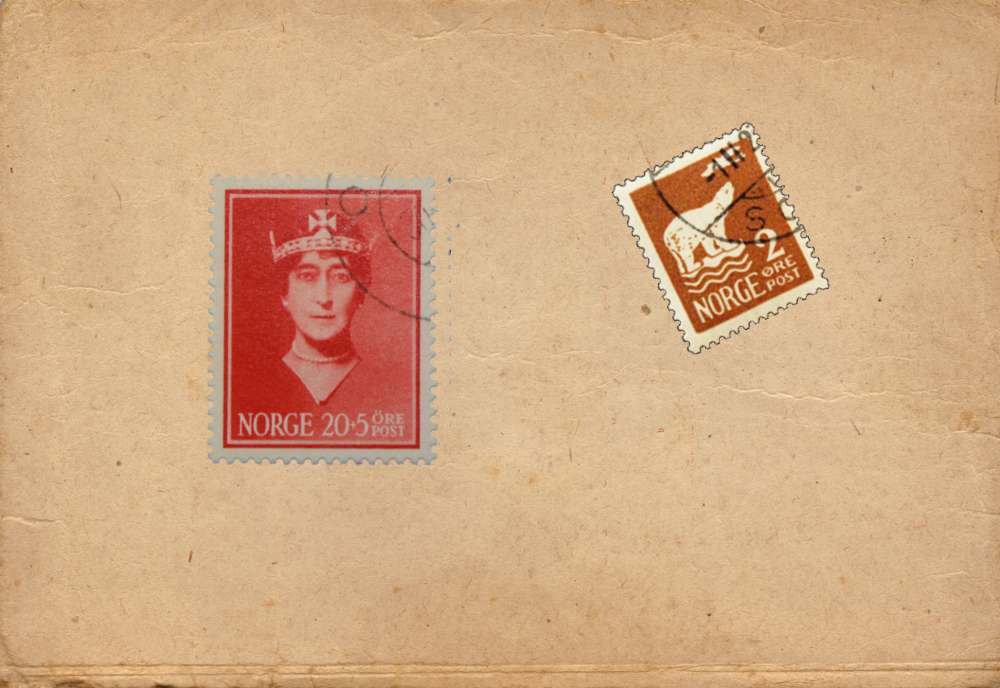 norske frimerker frimerke for uindløst post, polmerke og grønt bilde av dronning Maud.