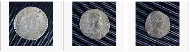 Tre romerske mynter (siliqua). Den første er stor og intakt, den andre er "trimmet" og er mindre, mens den tredje er enda mindre, og nesten hele omskriften er klippet av.
