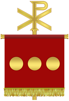 Samlerhuset: Labarum med PX (khi-Rho). Flere romerske gullmynter i krukken ser ut til å mangle dette symbolet på Jesus.