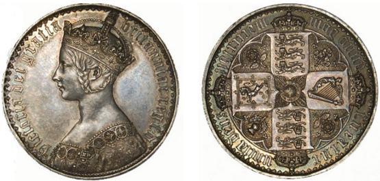 crown mynt med Victoria med flettet hår som går bak og rundt ørne og inn i kronen. Omskriften med gotisk skriftfont.