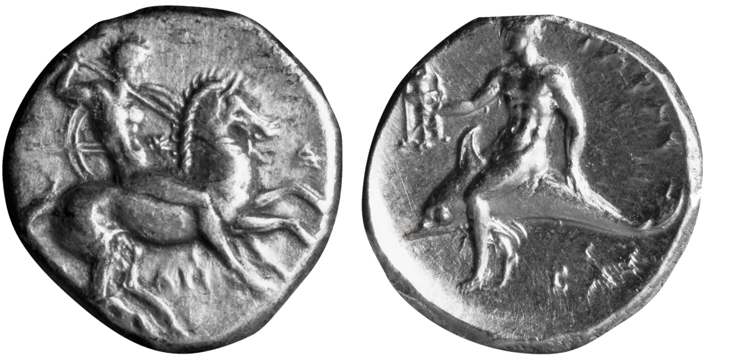 Greske guder på mynter: En mann til hest og en mann på delfin symboliserer begge havdugen Poseidon.