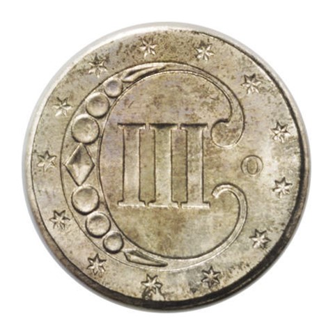 3-cent-mynten har en stor C og tre III inne i C-en. Det er en av få amerikanske mynter uten e plurubus unum, en ørn eller In God We Trust.