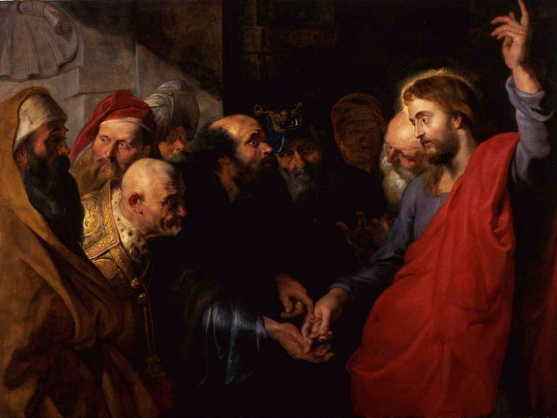 På dette bildet gir fariseernes menn en denarius til Jesus, som viser til at dette tilhører ikke Gud.