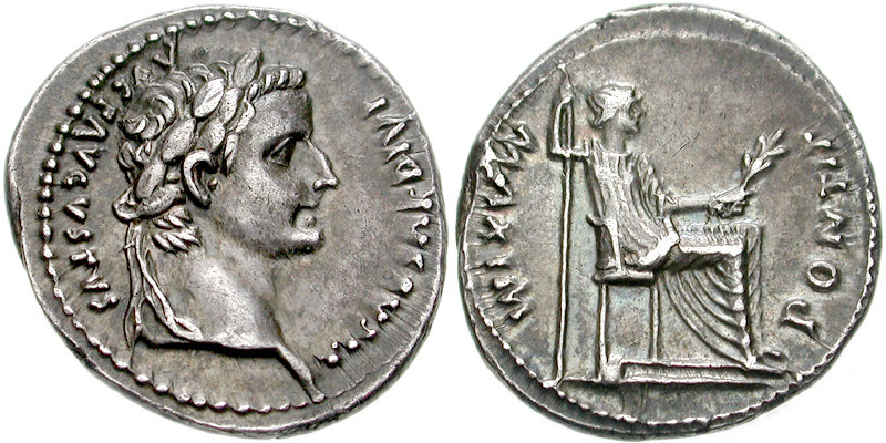denarius med Tiberius og moren, Livia