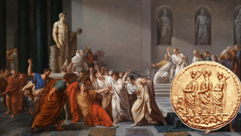 Koson og maleri som viser mordet på Cæsar