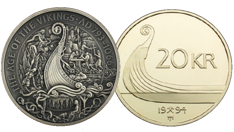 Vikingmynten og 20-kronermynten ved siden av hverandre.