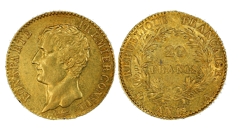 Napoleon av gull verd 20 francs med omskrften Bonaparte Premier Consul