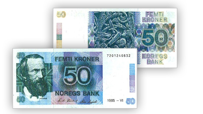 Femti kroner med "Noregs Bank" og portrett av Aasmund Olavsson Vinje. Denne seddelen fikk merke det blant folk flest.