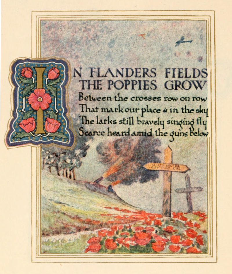 Forsiden på diktet In Flanders Fields, som startet assosiasjonen mellom valmuer og falne.