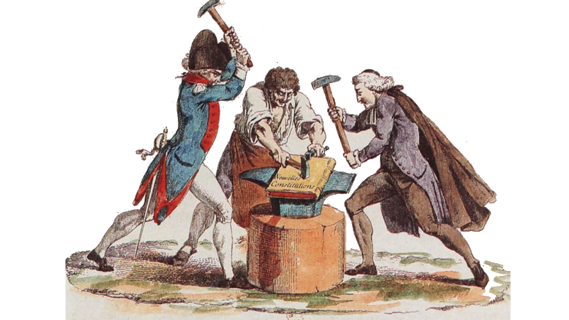 Den franske revolusjonen: Grunnloven smis av adelen (for anledning i rødt, hvitt og blått), presteskapet og tredjestanden.