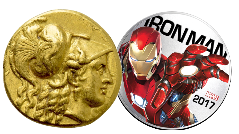 en samling er ikke nødvendigvis en krukke småmynter - gullstater fra Aleksander og Iron Man mynt som lyser.