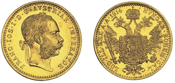 Østerrike 1914 gullmynt med Franz Josef med laubærkrans