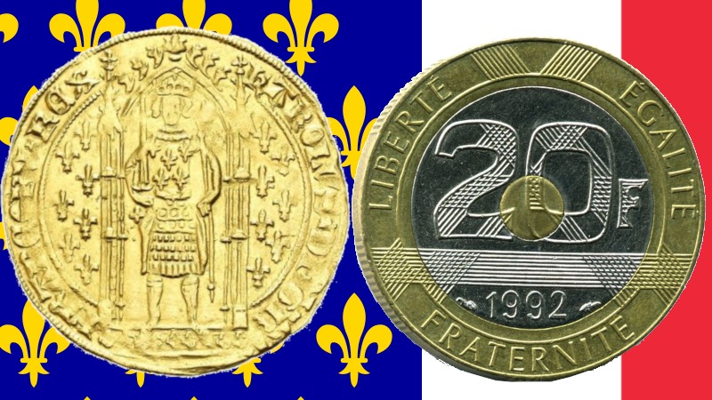 franske franc fra ecu til moderne gammelt og nytt fransk flagg i bakgrunnen