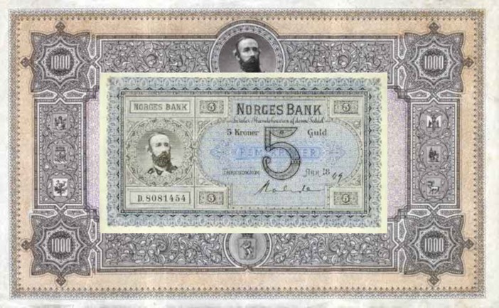 første utgave av norske pengesedler, 5 kroner liggende på en 1000-kroner