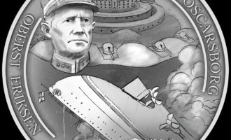 Skissen til medaljen Slaget ved Oscarsborg utført av kunstner Endre Skandfer for Samlerhuset, illustrerer oberst Eriksens første felle