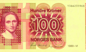 Camilla Collett-seddel. Norske sedler hadde alltid riksløven før denne utgaven.