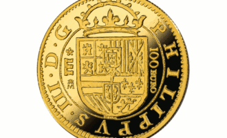 Adversen av 2 escudo-minnemynten (100 Euro) med våpenskjoldet til Spania under Felipe III
