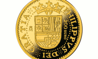 Adversen av 4 escudo-minnemynten (200 Euro) med våpenskjoldet til Spania under Felipe II