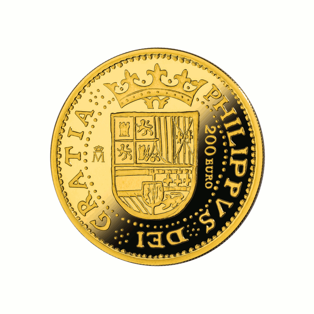 Adversen av 4 euro-minnemynten (200 Euro) med våpenskjoldet til Spania under Felipe II