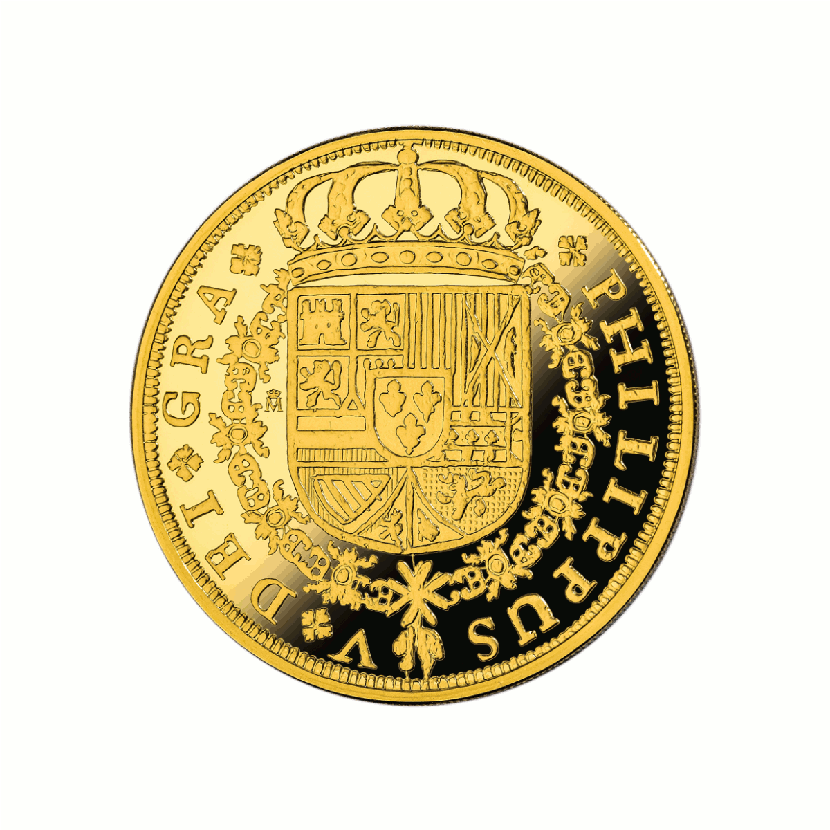 Adversen av 8 escudo-minnemynten (400 Euro) med våpenskjoldet til Spania under Felipe V
