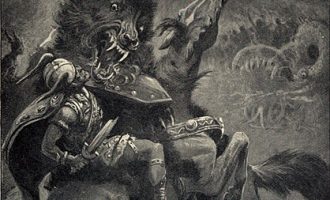 Odin slåss mot Fenrisulven under Ragnarok