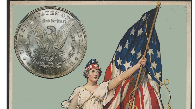 Amerikansk flagg, Colombia og reversen til en Morgan-dollar med en ørn