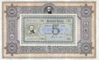første utgave av norske pengesedler, 5 kroner liggende på en 1000-kroner