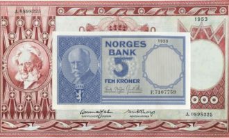Fjerde utgave norske sedler 5 og 1000 kroner Samlerhuset