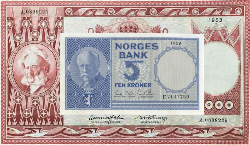 Fjerde utgave norske sedler 5 og 1000 kroner Samlerhuset